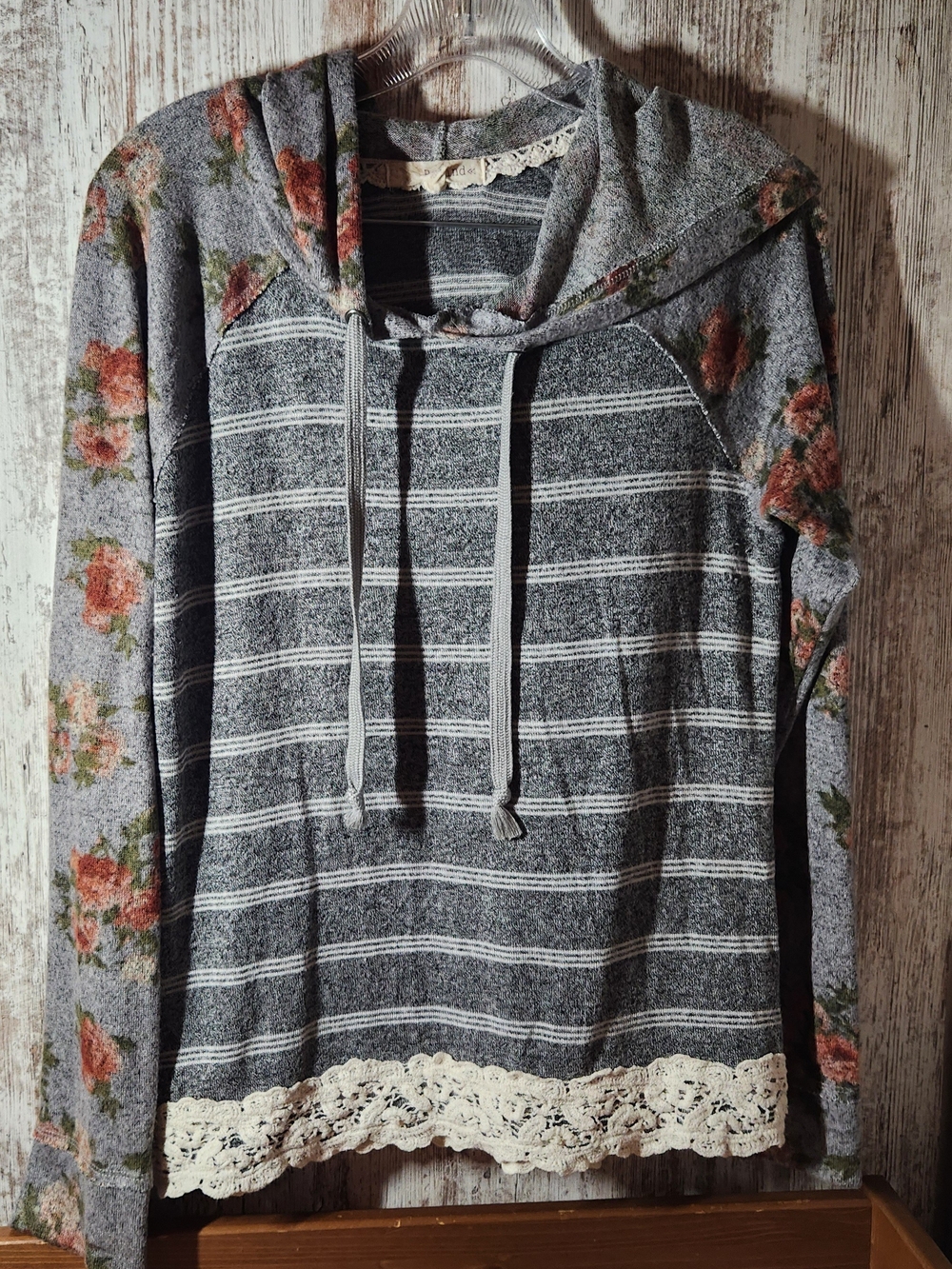 Rewind Gray Striped Pullover Hoodie with Floral Sleeves and Cream Lace Hem Trim